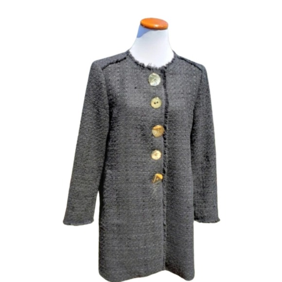 ZARA Jacket Fringed Textured Pockets Huge Buttons Black L - Picture 1 of 14